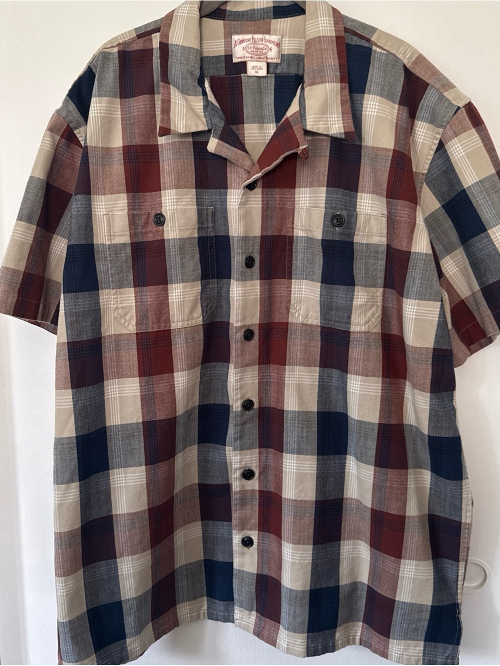 Filson Rustic Short Sleeve Plaid Button-Down Shirt Heartwood Navy & Beige XL